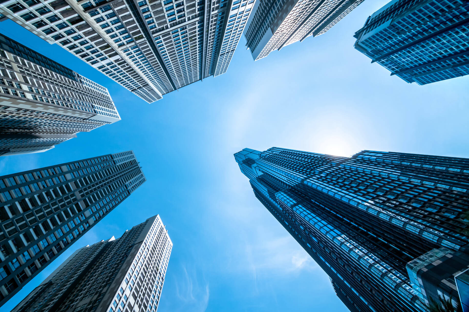 View of glass buildings.