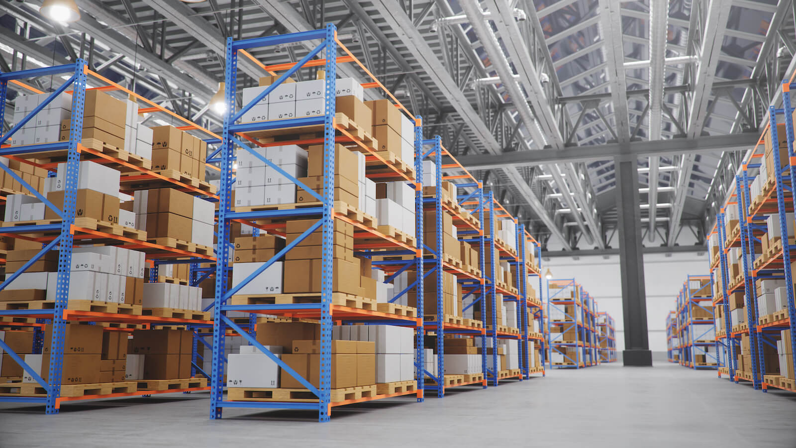 Warehouse with cardboard boxes inside.