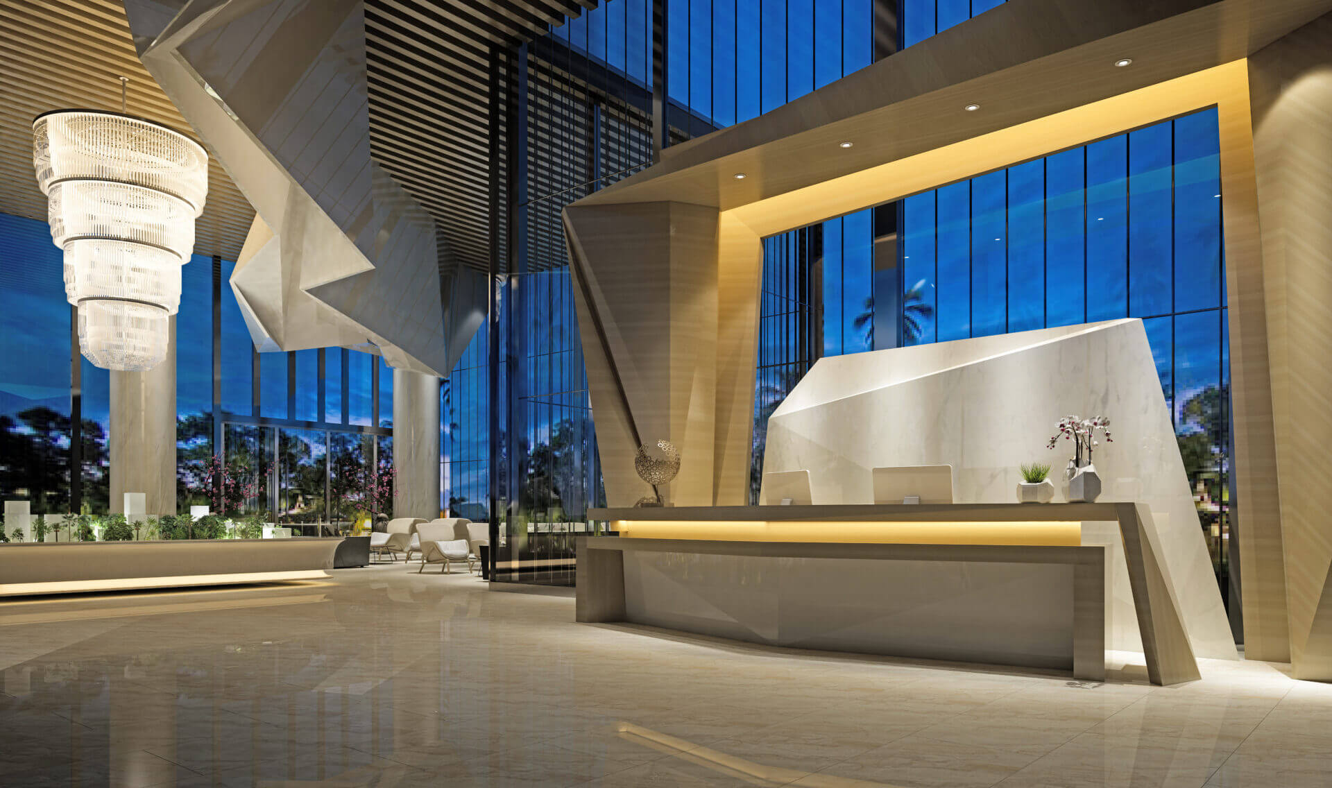 3D render of modern hotel reception lobby