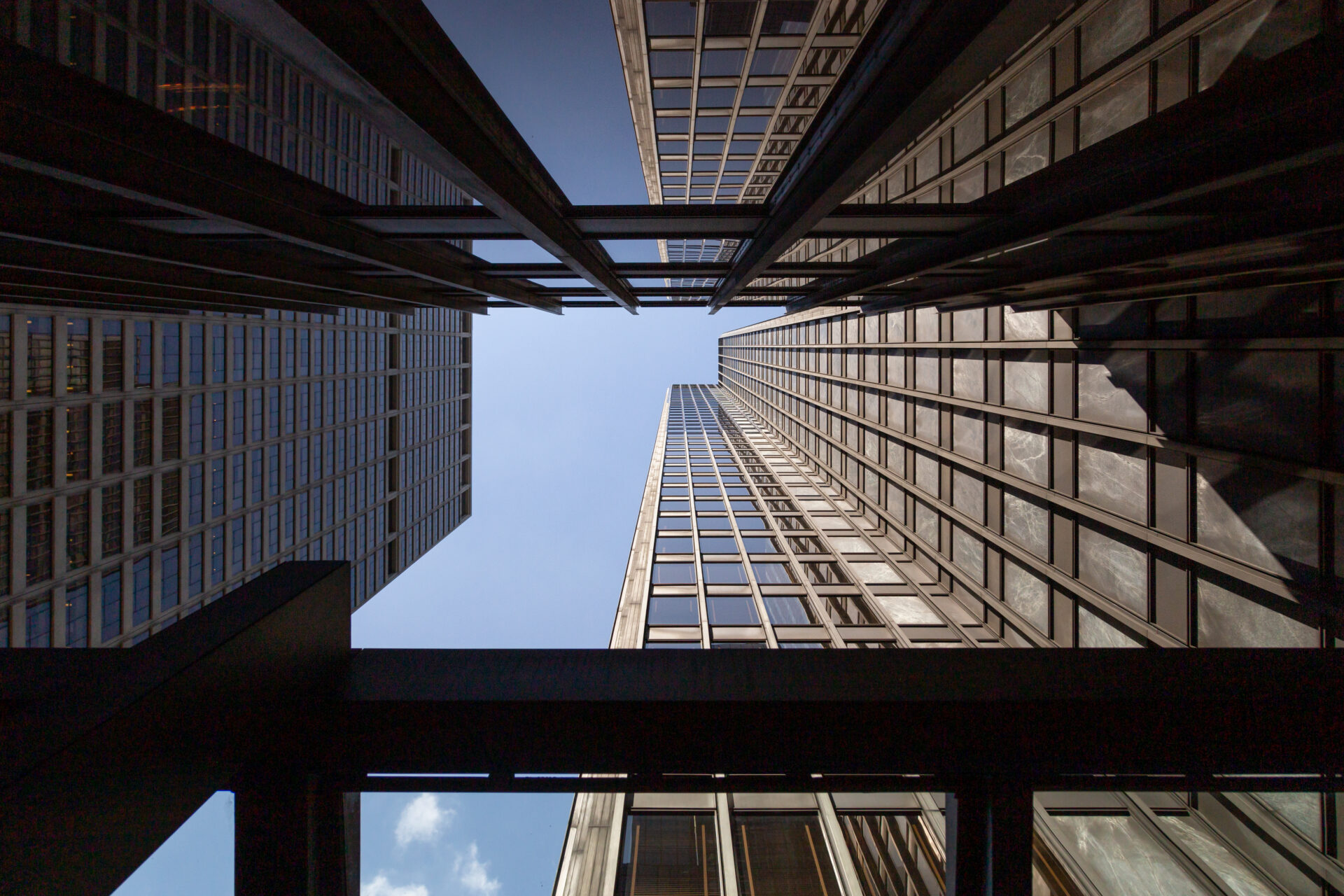 Looking up at the Seagram Building, a modernist landmark on Park Avenue in New York City.